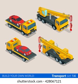 Flat 3d isometric style modern road highway surface making construction site wheeled track vehicles transport web app icon set concept. Tipper tip truck asphalt paver paving machine combine harvester.