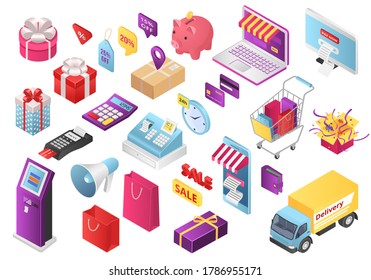 Flat 3d isometric style online store shopping set of vector illustrations. Web mobile app infographics icon set. Cart, shopper bag, credit card, tablet and wallet, money and gift box shop collection.