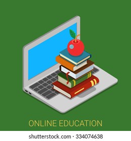 Flat 3d isometric style online course education internet technology concept web infographics vector illustration. Heap of book on laptop keyboard. Creative learning collection.