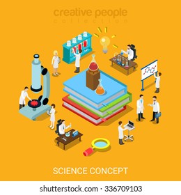 Flat 3d isometric style science lab concept icon set web site infographics vector illustration. Books flask tube magnifier microscope micro scientists. Creative people website conceptual collection.