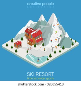 Plano 3d isométrico estilo estância de esqui inverno montanha esportes conceito de viagem web infográficos ilustração vetorial. Pedaço montanhoso terra snowboard pista lago gelo. Coleção conceitual do site de pessoas criativas.