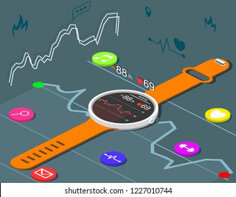 Flat 3d isometric style smart fitness watch web infographics concept. Smart watch with smart life in vector style with tracking system, pulse and other smart function's icons vector illustration. 