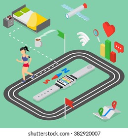 Flat 3d isometric style smart fitness watch web infographics concept. morning running. Girl runs from the bed to the stadium. Stock vector illustration