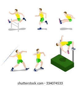 Flat 3d isometric style sportsman male sport concept web infographics vector illustration icon set. Exercise male athlete abstract outdoor all-around rounder. Creative people collection.