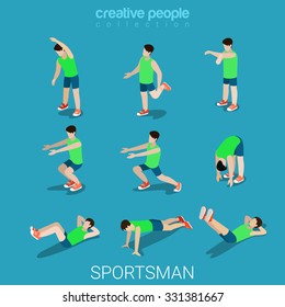 Flat 3d isometric style sportsmen male sport concept web infographics vector illustration icon set. Exercise male athlete abstract outdoor. Creative people collection.