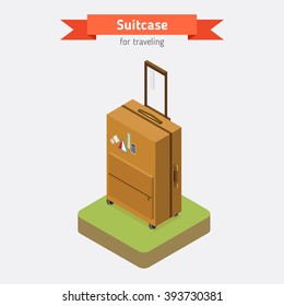 Flat 3d isometric style suitcase. Vacation travel design. 