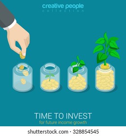 Flat 3d isometric style time to invest grow business start up concept web infographics vector illustration. Big hand throw coin into jar growing sprout. Creative people website conceptual collection.