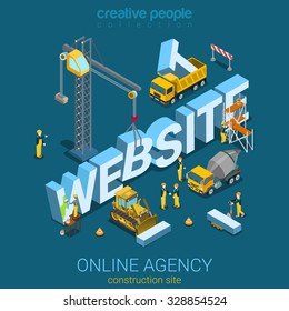 Flat 3d isometric style website building process concept web infographics vector illustration. Construction big letters crane builder concrete mixer. Creative people web site conceptual collection.