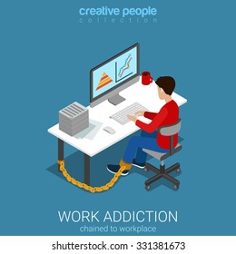 Flat 3d isometric style work addiction business concept web infographics vector illustration. Man worker chained to table working with computer. Creative people collection.