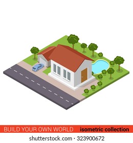 Flat 3d isometric suburb family house garage parking backyard pool park modern building block info graphic concept. Build your own infographics world collection.