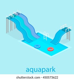 Flat 3d Isometric Summer Aquapark. Waterslide At The Pool