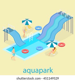 Flat 3d Isometric Summer Aquapark. Waterslide At The Pool