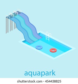 Flat 3d Isometric Summer Aquapark. Waterslide At The Pool