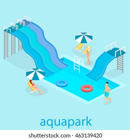 Flat 3d Isometric Summer Aquapark. Waterslide At The Pool