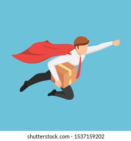 Flat 3d isometric super businessman flying fast to delivery parcel to customer. Fast delivery service concept.