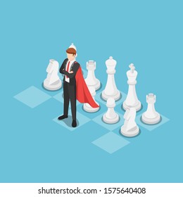 Flat 3d isometric super businessman as a leader on chess board. Business strategy and leadership concept.