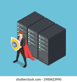 Flat 3d Isometric Super Businessman Holding Shield Protecting Data Center Server Racks. Database Security And DData Protection Concept.