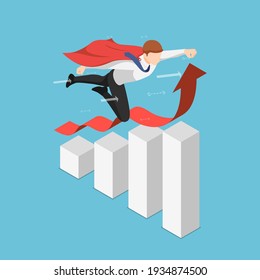 Flat 3d Isometric Super Businessman Flying Over Growing Business Graph. Leadership and Successful Concept.