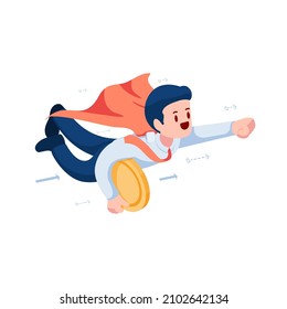 Flat 3d Isometric Super Businessman Holding Golden Coin and Flying Up. Financial and Career Growth Concept.