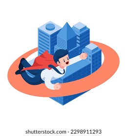 Flat 3d Isometric Super Businessman Flying Around Business Building. Business or Economic Growth and Real Estate Investment.
