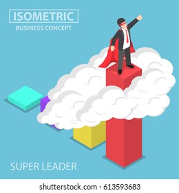 Superhombre de negocios isométrico plano 3d situado en la parte superior del gráfico sobre la nube, superhéroe de negocios, concepto de liderazgo efectivo