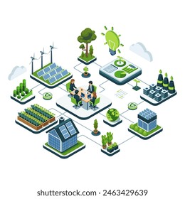 Conferencia de negocios sostenible isométrica 3d plana con planificación Urbana ecológica. Concepto de negocios sostenibles y energía verde