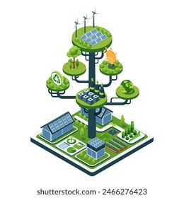 Flat 3d Isometric Sustainable Business with Renewable Energy Solution. Sustainable Business and Green Eco-Friendly Energy Concept
