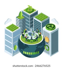 Flat 3d Isometric Sustainable Business Conference with Eco-Friendly Earth and Buildings. Sustainable Business and Sustainable Urban Development Concept