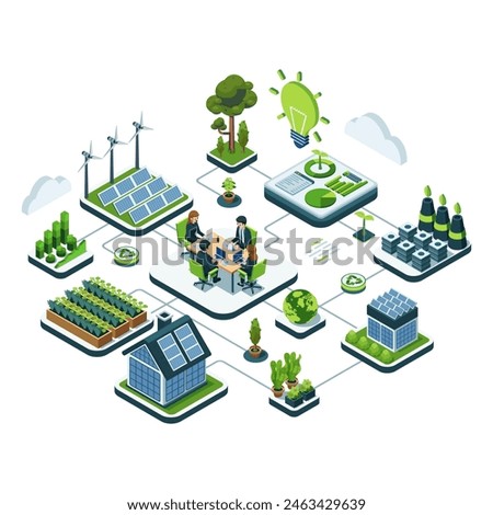 Flat 3d Isometric Sustainable Business Conference with Eco-Friendly Urban Planning. Sustainable Business and Green Energy Concept