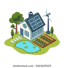 Flat 3d Isometric Sustainable Eco-Friendly Home with Solar Panels and Garden. Sustainable Living and Eco-Friendly Home Concept