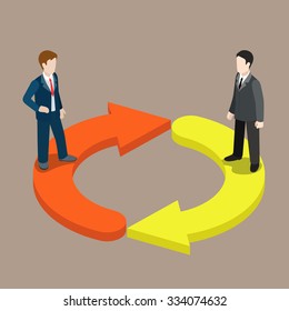 Flat 3d isometric switch staff change management concept web infographics vector illustration. Two businessmen on refresh icon arrows. Creative people collection.