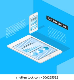 Flat 3d Isometric Tablet and Phone Graph Flat Vector Illustration