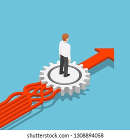 Flat 3d isometric tangled arrows is arranged orderly by gear. Business process management and data management concept.