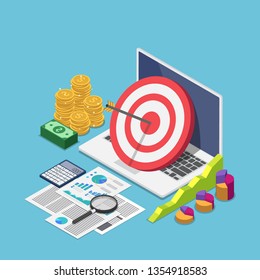 Flat 3d isometric target with arrow hit the center on laptop with business data analysis. Target audience and business strategy concept.