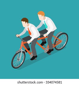 Flat 3d Isometric Team Work Concept Web Infographics Vector Illustration. Two Businessmen Riding Dual Tandem Bike. Creative People Collection.