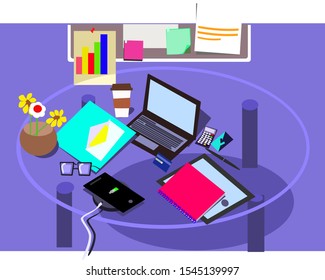 Flat 3d isometric technology workplace Vector Illustration of a home office. Laptop, smartphone, tablet, computer,charger,device set, board, analytic,pen, coffee, glass table.