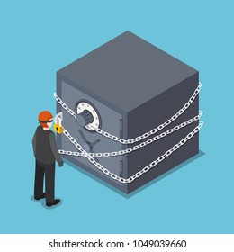 Flat 3d isometric thief standing in front of full security safe box. Business and financial security concept.