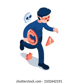 Flat 3d Isometric Thief Stole Copyright Symbol and Running Away. Intellectual Property and Copyright Infringement Concept.