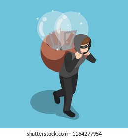 Flat 3d isometric thief stolen light bulb of idea and carrying on his back. Steal idea concept.