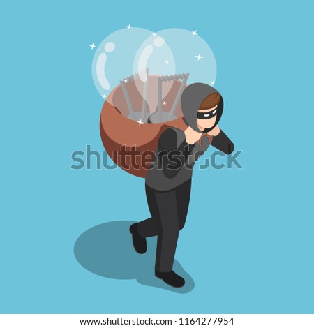 Flat 3d isometric thief stolen light bulb of idea and carrying on his back. Steal idea concept.