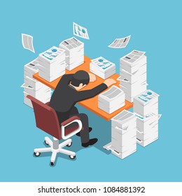 Flat 3d Isometric Tired Businessman Asleep At Office Desk With The Pile Of Paper Document. Work Hard Concept.