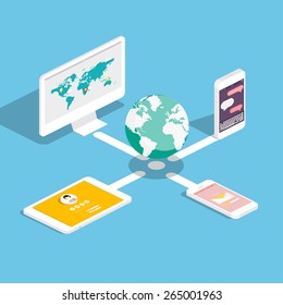 Flat 3d isometric touchpad pc (tablet) with clouds and user interface development concept. Application and software, screen and phone.