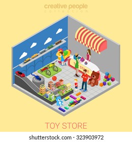 Flat 3d Isometric Toy Store Web Infographics Concept. Kid Child Parents In Shop Interior Choosing Gift Cashier Desk Seller. Creative People Collection.