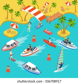 Flat 3d isometric travel tourism tropical beach resort holiday vacation icon set concept web infographics. Sea shore air mattress yacht boat kayak parasailing jetski surf. Creative people collection.