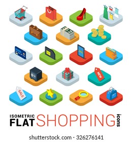 Flat 3d isometric trendy style online store shopping web mobile app infographics icon set. Cart bag credit card tablet wallet label sale search money gift box coin safe. Website application collection