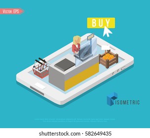 Flat 3d isometric trendy style online store shopping web mobile app infographics icon set. Cart bag  tablet wallet label safe. Website application collection