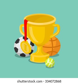 Flat 3d isometric trophy cup gold medal sport balls concept web infographics vector illustration. Soccer basketball tennis ball golden win winner champion conceptual.