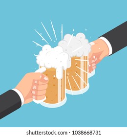 Flat 3d isometric two businessman hands clinking beer mug. Business success and celebration concept.