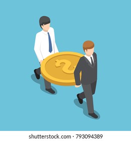 Flat 3d isometric two businessman carrying big dollar coin. teamwork and financial concept.
