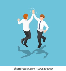 Flat 3d Isometric Two Businessmen Jumping And Giving High Five In The Air. Business Success Celebration Concept.